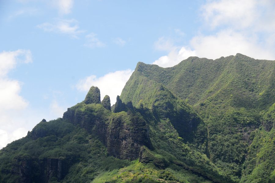 Green volcanic mountain peaks in French Polynesia